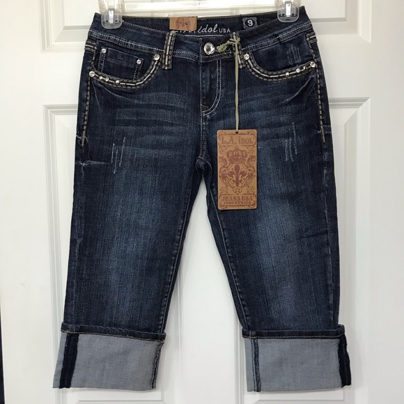 L.A. Idol Capri Jeans Rhinestone Jeweled Embellished Embroidered Ladies 9 New - Picture 2 of 12